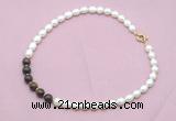 CFN446 9 - 10mm rice white freshwater pearl & bronzite gemstone necklace