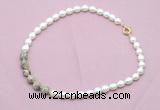 CFN452 9 - 10mm rice white freshwater pearl & feldspar gemstone necklace