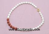 CFN461 9 - 10mm rice white freshwater pearl & red jasper gemstone necklace