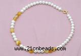 CFN522 9mm - 10mm potato white freshwater pearl & yellow banded agate necklace