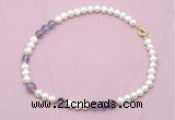 CFN532 9mm - 10mm potato white freshwater pearl & amethyst gemstone necklace