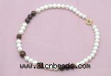 CFN540 9mm - 10mm potato white freshwater pearl & mahogany obsidian necklace