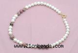 CFN545 9mm - 10mm potato white freshwater pearl & rhodonite gemstone necklace