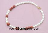 CFN561 9mm - 10mm potato white freshwater pearl & red jasper necklace