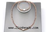 CFN602 4mm faceted round orange moonstone & potato white freshwater pearl jewelry set