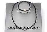 CFN625 4mm faceted round black tourmaline & potato white freshwater pearl jewelry set