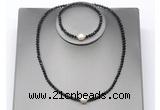 CFN627 4mm faceted round black spinel & potato white freshwater pearl jewelry set