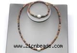 CFN638 4mm faceted round picasso jasper & potato white freshwater pearl jewelry set