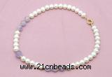 CFN706 9mm - 10mm potato white freshwater pearl & lavender amethyst necklace