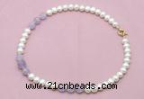 CFN708 9mm - 10mm potato white freshwater pearl & lavender amethyst necklace