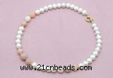 CFN721 9mm - 10mm potato white freshwater pearl & pink opal necklace