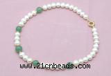 CFN726 9mm - 10mm potato white freshwater pearl & green aventurine necklace