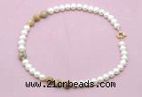 CFN734 9mm - 10mm potato white freshwater pearl & yellow crazy lace agate necklace