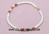 CFN737 9mm - 10mm potato white freshwater pearl & fire agate necklace