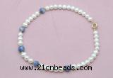 CFN742 9mm - 10mm potato white freshwater pearl & blue spot stone necklace