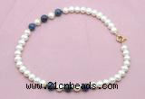 CFN744 9mm - 10mm potato white freshwater pearl & dumortierite necklace