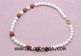 CFN755 9mm - 10mm potato white freshwater pearl & red jasper necklace