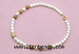 CFN758 9mm - 10mm potato white freshwater pearl & wooden jasper necklace