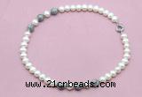 CFN760 9mm - 10mm potato white freshwater pearl & grey picture jasper necklace