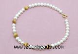 CFN765 9mm - 10mm potato white freshwater pearl & golden tiger eye necklace