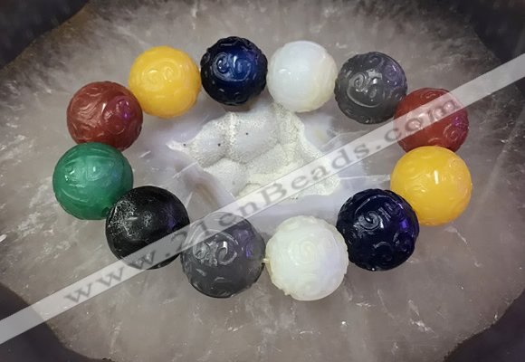 CGB3004 7.5 inches 20mm carved round mixed agate bracelet wholesale