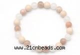 CGB8015 8mm white jade, white fossil jasper & sunstone beaded stretchy bracelets