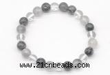 CGB8022 8mm white crystal, cloudy quartz & black labradorite beaded stretchy bracelets