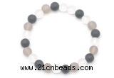 CGB8085 8mm matte white crystal, black agate & grey agate beaded stretchy bracelets