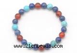 CGB8092 8mm lapis lazuli, blue howlite & red agate beaded stretchy bracelets