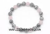 CGB8157 8mm grey picture jasper, matte rose quartz & hematite power beads bracelet