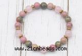 CGB8445 8mm pink wooden jasper, unakite, rose quartz & hematite power beads bracelet