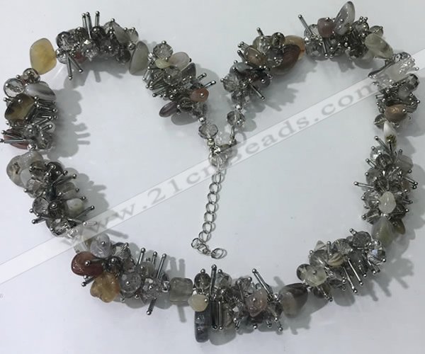 CGN409 19.5 inches chinese crystal & grey agate chips beaded necklaces