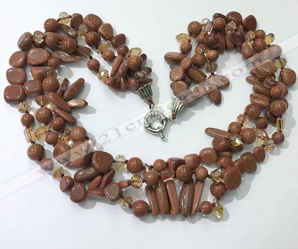 CGN714 22 inches fashion 3 rows goldstone beaded necklaces