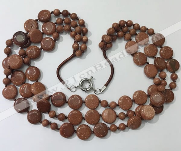CGN800 23.5 inches stylish 3 rows round & coin goldstone necklaces