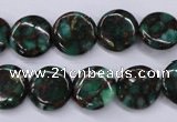 CGO141 15.5 inches 14mm flat round gold green color stone beads