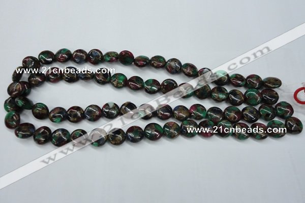 CGO32 15.5 inches 12mm flat round gold multi-color stone beads