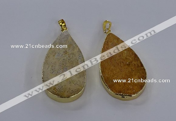 CGP3016 28*50mm flat teardrop fossil coral pendants wholesale