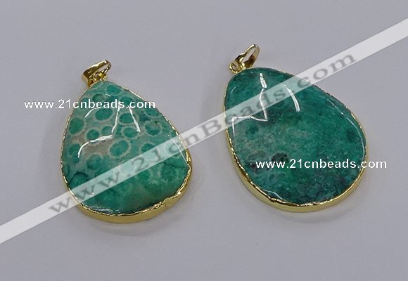 CGP3336 35*45mm - 35*50mm flat teardrop fossil coral pendants