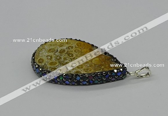 CGP3418 30*50mm - 35*55mm flat teardrop fossil coral pendants