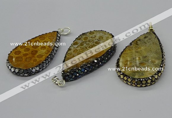 CGP3419 30*50mm - 35*55mm flat teardrop fossil coral pendants