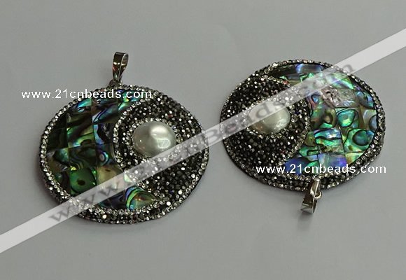 CGP710 45mm flat round abalone shell & shell pearl pendants