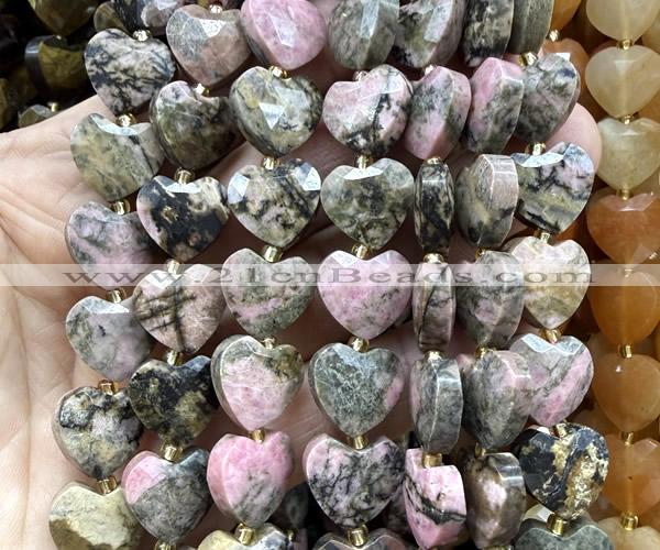 CHG373 15 inches 14mm faceted heart rhodonite gemstone beads