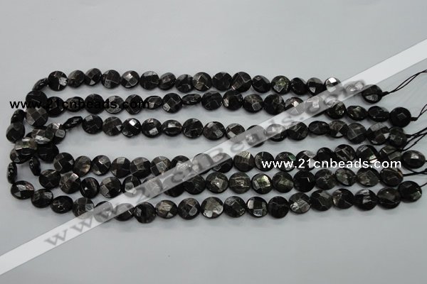 CHS17 15.5 inches 10mm faceted coin natural hypersthene beads