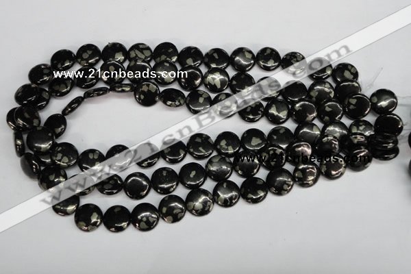 CJB158 15.5 inches 14mm flat round natural jet & pyrite gemstone beads