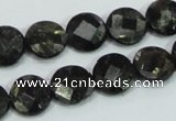 CLB305 15.5 inches 12mm faceted flat round black labradorite beads