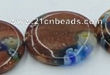 CLG555 16 inches 20mm flat round goldstone & lampwork glass beads