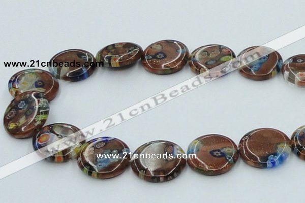 CLG555 16 inches 20mm flat round goldstone & lampwork glass beads