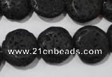 CLV498 15.5 inches 16mm flat round black lava beads wholesale