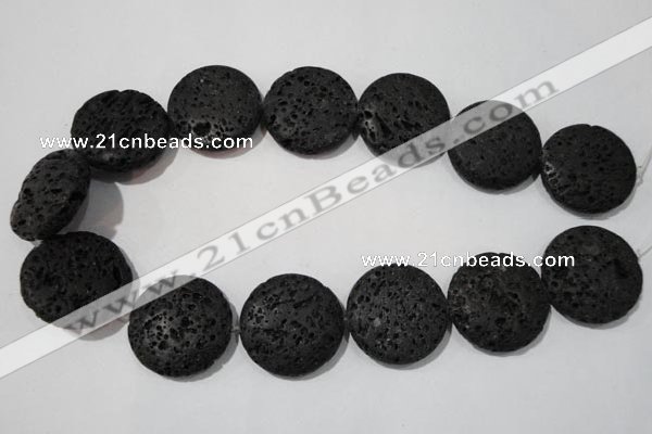 CLV502 15.5 inches 30mm flat round black lava beads wholesale