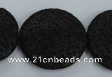 CLV51 15.5 inches 32mm flat round black natural lava beads wholesale